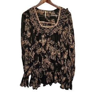 FREE PEOPLE Tunic Blouse Sheer Black Floral Velvet Beaded Accents SMALL Oversize